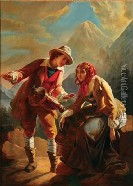 A Hurdy Gurdy Player With A Young Woman In An Alpine Lake Landscape Oil Painting - Claude Bonnefond