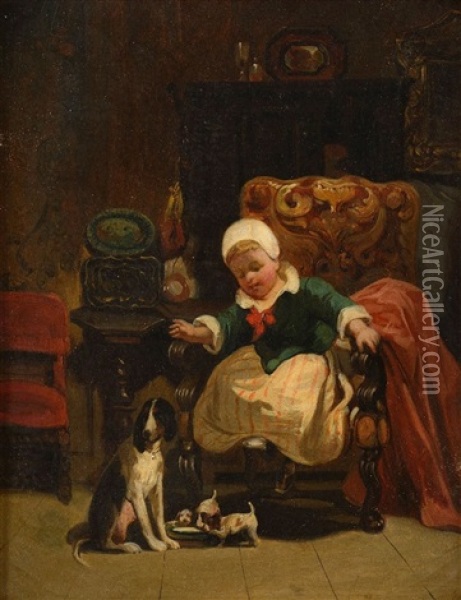 Enfant Jouant Avec Les Chiots Oil Painting - Camille Joseph Etienne Roqueplan