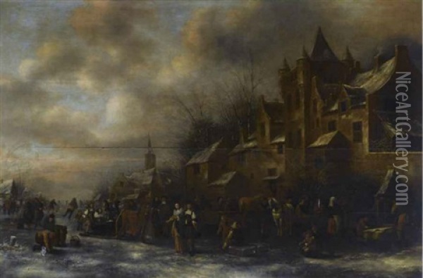 A Winter Landscape With Skaters, Children On Sleighs And Elegant Figures Promenading Across A Frozen River Oil Painting - Nicolaes Molenaer