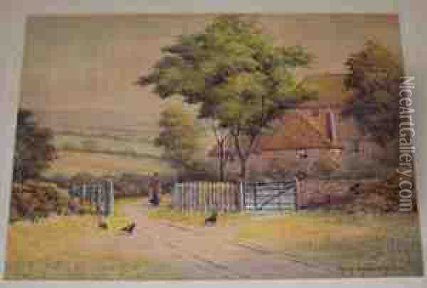 Lady Before A Cottage On A Pathway Oil Painting - George Oyston