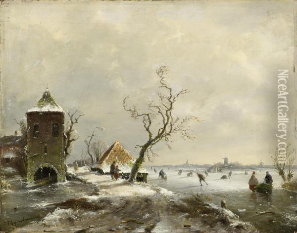 Enjoying The Ice Oil Painting - Johannes Franciscus Hoppenbrouwers