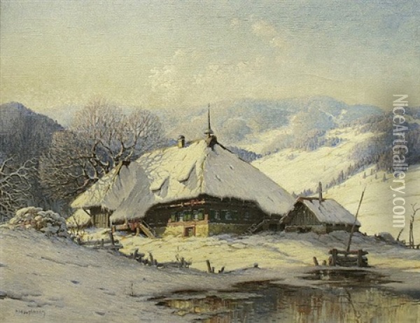 Schwarzwaldhof Mit Backhausle An Einem Sonnigen Wintertag Oil Painting - Karl Hauptmann