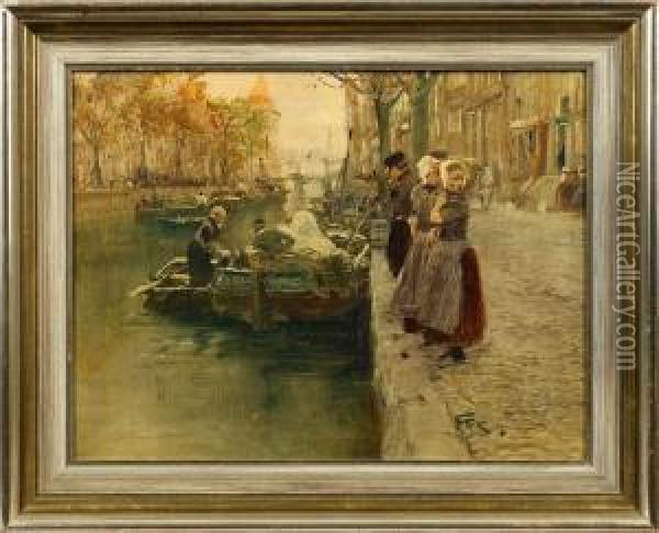 Belebte Gracht In Amsterdam Oil Painting - Wilhelm Schreuer