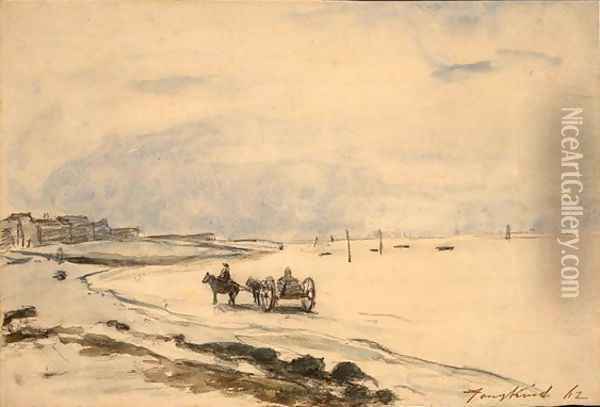 Cart on the Beach at Etretat Oil Painting - Johan Barthold Jongkind