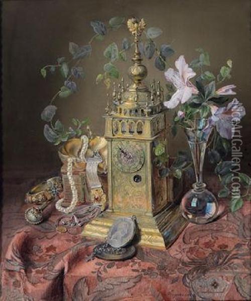 A Stilllife With A Clock And Jewellery Oil Painting - Josef Neugebauer