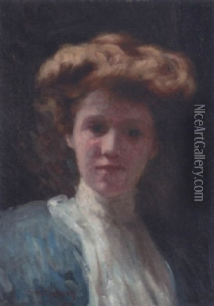 Portrait Of A Young Lady, Wearing A Blue Dress Oil Painting - Clara Taggart Mcchesney