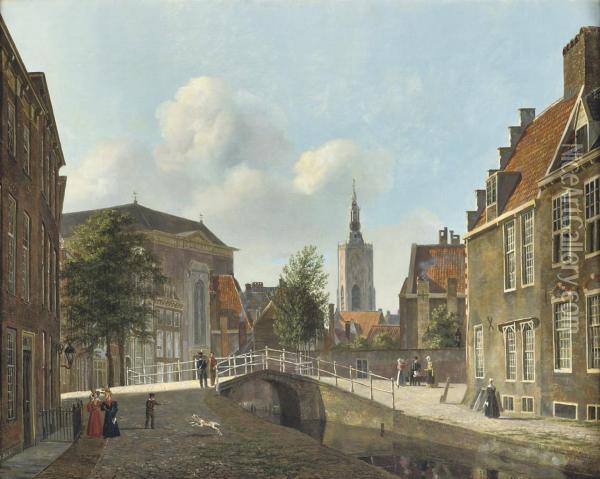 Daily Activities Along The Paviljoensgracht With The St. Jacobskerkin The Distance, The Hague Oil Painting - Carel Jacobus Behr