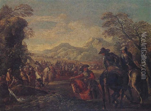 A Cavalry Party Resting By A Stream Oil Painting - Gaspare Diziani