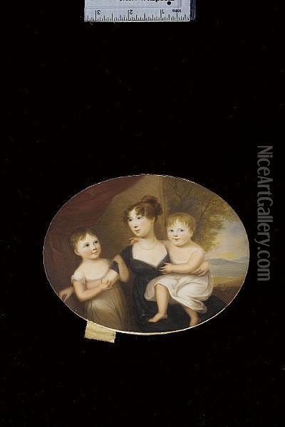 Mrs Pringle (nee Halkett), Wearing Black Dress With White Underslip And Pearl Necklace; With Her Daughters Mary And Charlotte Both Wearing White Dresses, Red Curtain And Landscape Background Oil Painting - James Leakey