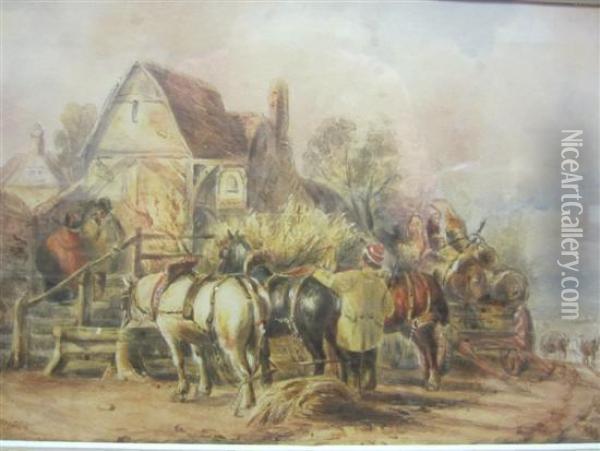 Heavy Horses Outside A Village Inn Oil Painting - James Price