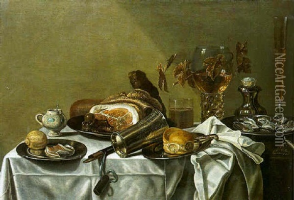 A Pronk Still Life With A Lemon And A Slice Of Ham, A Leg Of Ham, A Bun And A Knife And Oysters On The Pewter Plates With Other Objects On A Draped Table Oil Painting - Pieter Van Berendrecht