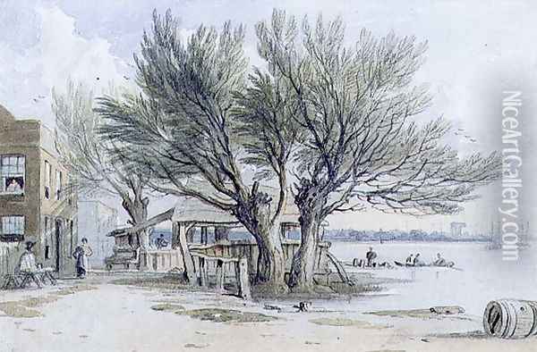 Buildings and Pollarded Trees on the Banks of the Thames, Millbank Oil Painting - John Varley