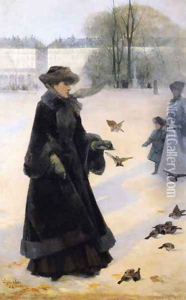 Winter Morning in the Tuileries Gardens, Paris Oil Painting - Jean Eugene Clary