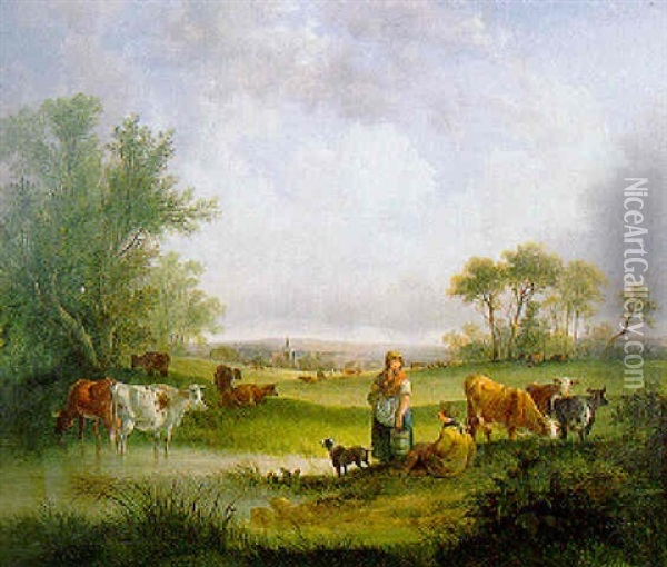 A Cow Herd And A Milk Maid Resting By A River With Cattle Grazing In A Woodland Landscape Oil Painting - Charles Shayer