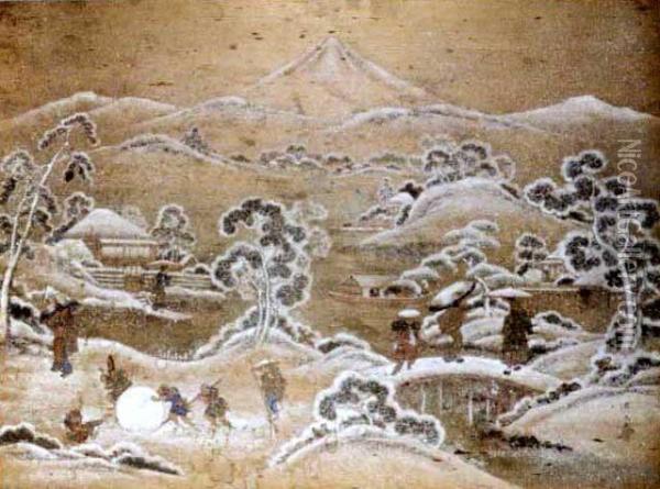 Figures Within A Snowy Landscape Scene Oil Painting - Utagawa Kunihisa