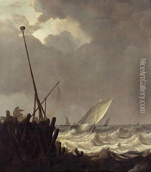 Ships In Stormy Seas With Fishermen Standing At A Jetty Oil Painting - Pieter the Elder Mulier