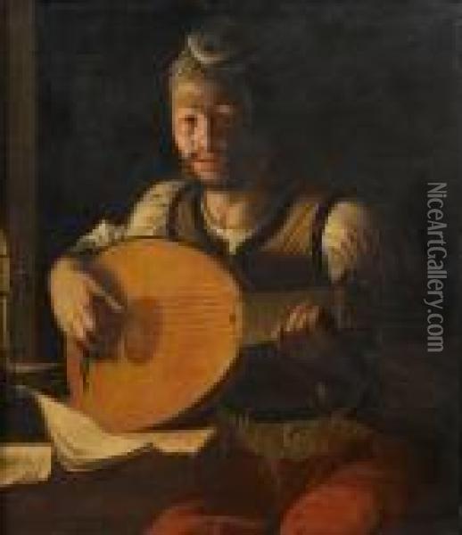 A Young Man Playing A Lute Bycandlelight Oil Painting - Angelo Caroselli