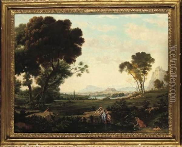 An Extensive Italianate Landscape With Classical Figures Bathing, Classical Ruins Beyond Oil Painting - Claude Lorrain
