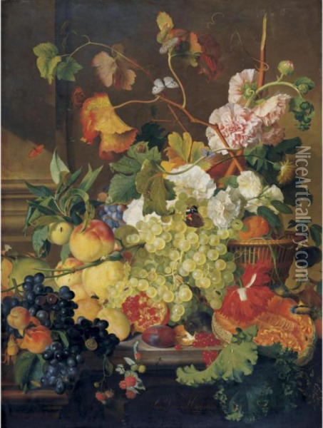 Still Life Of Grapes, Peaches, A
 Melon And Other Fruit, With Peonies In A Basket, All On A Stone Ledge Oil Painting - Jan Van Huysum