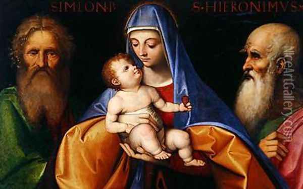 Virgin and Child with Saint Simon and Saint Jerome Oil Painting - Giovanni Agostino Da Lodi