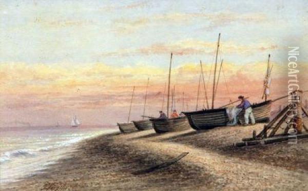 Beach Scene With Fishing Boats And Figures Oil Painting - Thomas Smythe