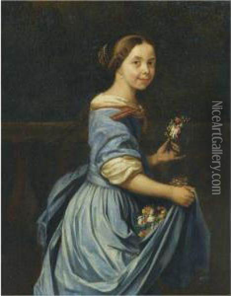 Portrait Of A Lady, Three Quarter Length, In A Blue Dress With Anarmful Of Flowers Oil Painting - Jan Verkolje
