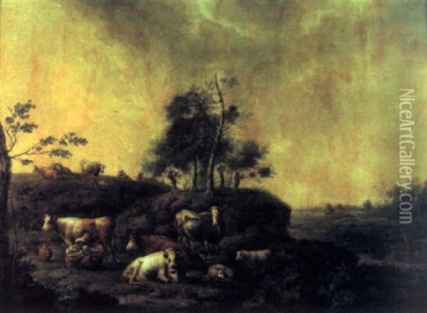 Le Repos Du Troupeau Dans Un Paysage Oil Painting - Petrus Johann Van Regemorter