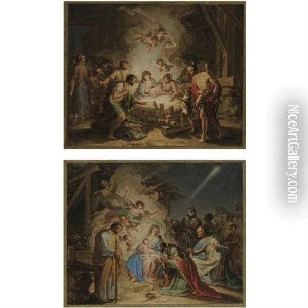 Adoration Of The Magi (+ Adoration Of The Shepherds; Pair) Oil Painting - D. Francisco Bayeu y Subias