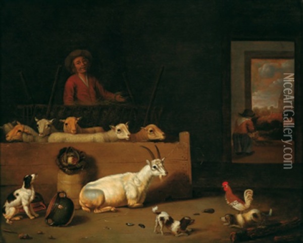 Scheuneninterieur Mit Ziegen, Hunden, Federvieh Und Einem Hirten Oil Painting - Hubert van Ravesteyn