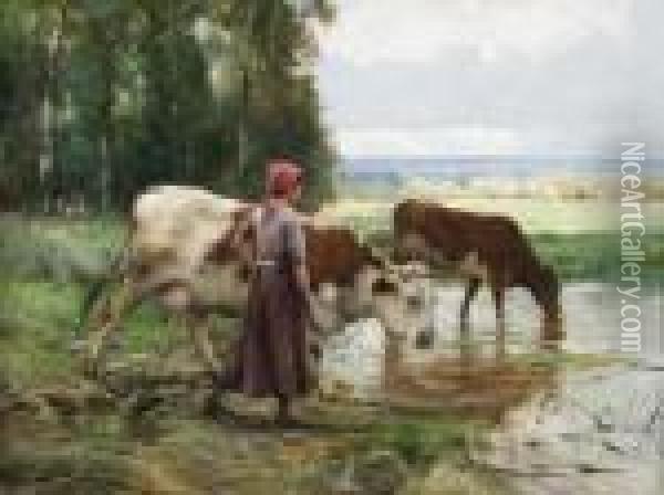 Paysanne Faisant Boire Ses Vaches Oil Painting - Julien Dupre