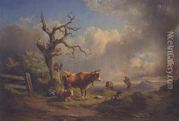 Hirte Mit Kuhen, Schafen Und Ziege Auf Einer Anhohe Oil Painting - Edmund Mahlknecht