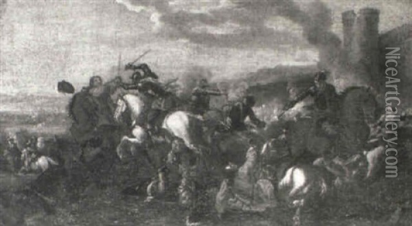 A Cavalry Battle Before A Fortified Town Oil Painting - Jacques Courtois