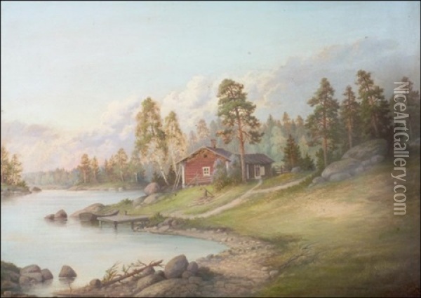 Punainen Torppa Jarven Rannalla Oil Painting - Rudolph Akerblom