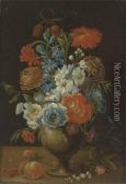 Roses, Carnations, Daffodils And
 Other Flowers In A Vase On Aledge; And Tulips, Carnations And Other 
Flowers In A Vase On Aledge Oil Painting - Balthasar Van Der Ast
