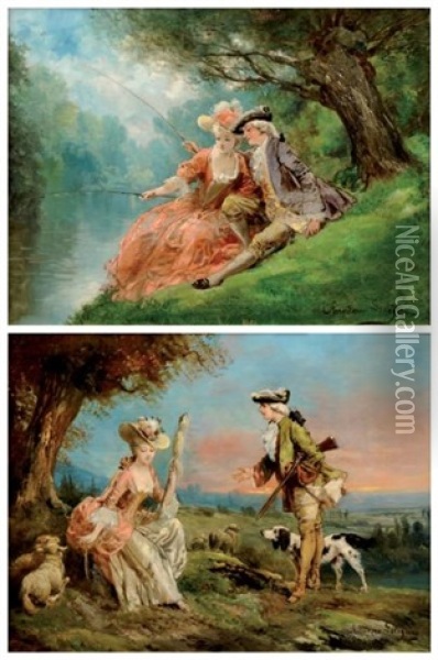 Peche Galante Chasseur Et Bergere (pair) Oil Painting - Theodore Levigne