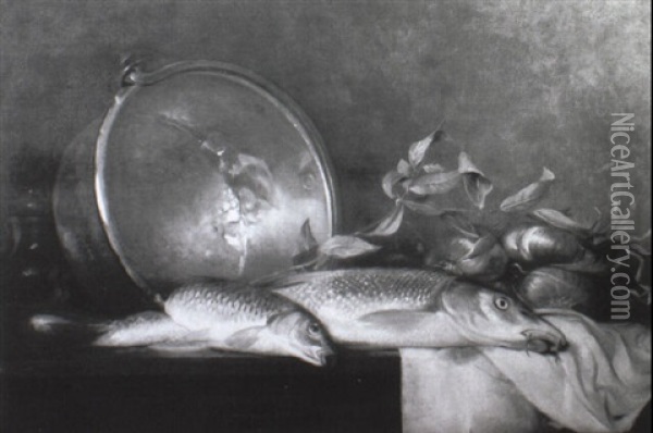 Stilleben Mit Fischen, Zwiebeln Und Kupferkessel Oil Painting - Jules Jacques Olivier de Cocquerel