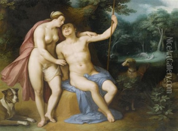 Venus Und Adonis In Einer Bewaldeten Landschaft Oil Painting - Cornelis Cornelisz Van Haarlem