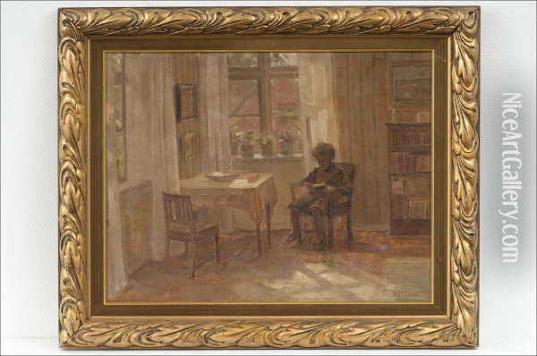 Interior Med Pojke - Puuhasteleva Poika. Oil Painting - Fredrik Krebs