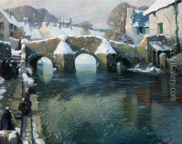 Figures In Normandy (quimperie) Winter River Landscape Oil Painting - George Ames Aldrich