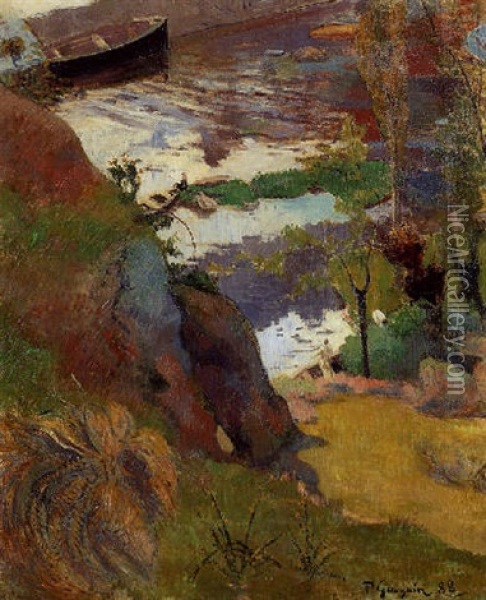Pecheur Et Baigneurs Sur L'aven Oil Painting - Paul Gauguin