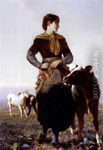 The Farmer's Daughter Oil Painting - Robert B. Farren