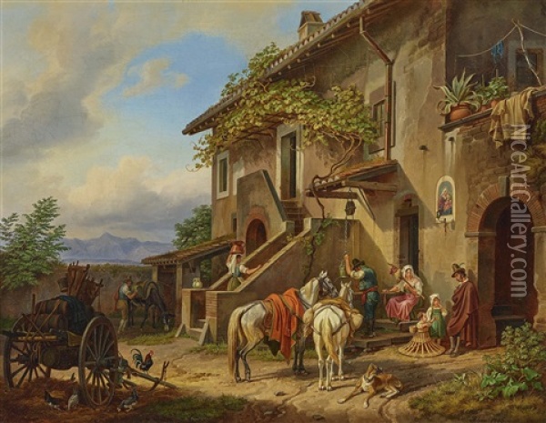 In Front Of An Italian Inn Oil Painting - Johann Adam Klein