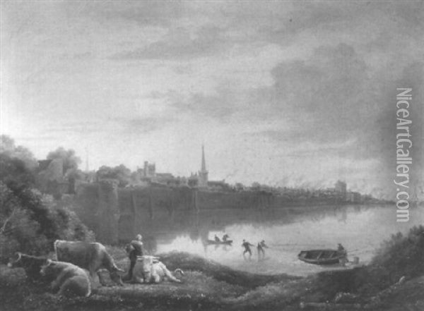 Figure And Cattle On A River Bank Oil Painting - William Havell