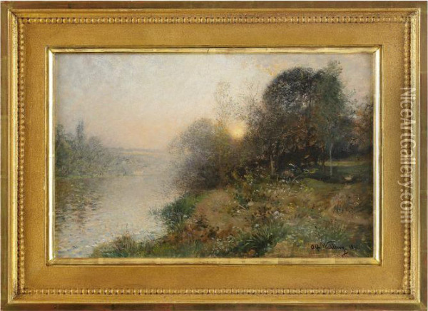 Solnedgang Over Flodlandskap Oil Painting - Alfred Wahlberg