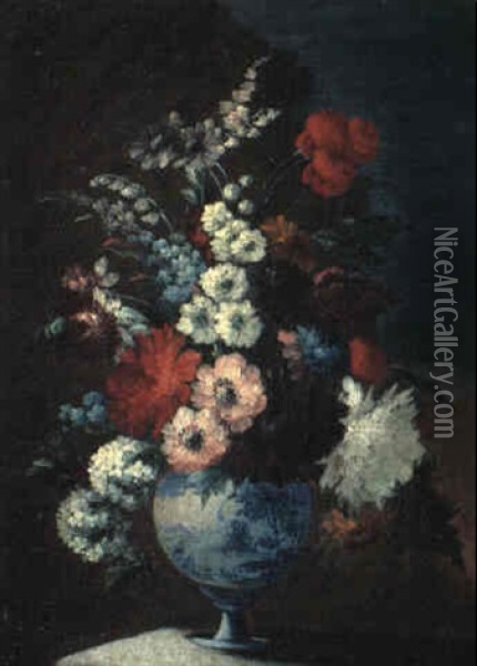 Still Life With Hyacinths And Other Flowers In A Vase On A Ledge Oil Painting - Gasparo Lopez