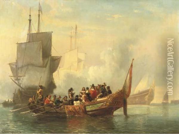 The Salute: A Noble Company Surveying A Fleet Oil Painting - Cornelis Springer