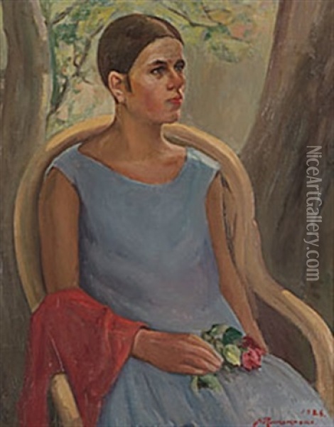 Kvinna Med Rod Ros Oil Painting - Jalmari Ruokokoski