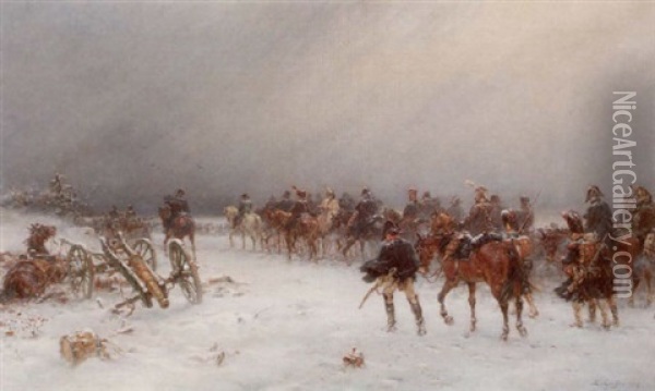 Efter Moskva - Snolandskap Med Napoleons Retirerande Arme Oil Painting - Ernest Crofts