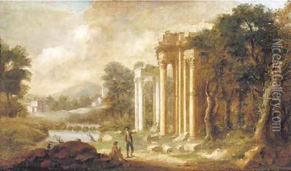 A landscape with gentlemen inspecting classical ruins Oil Painting - Pierre-Antoine The Younger Patel