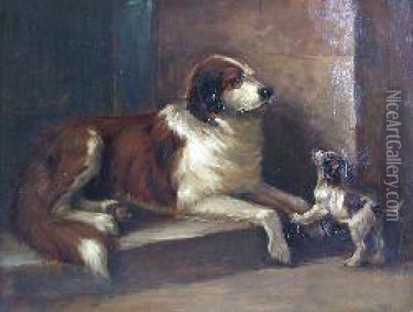 Horace, Study Ofa Spaniel And Puppy On A Doorstep Oil Painting - William Grant Stevenson